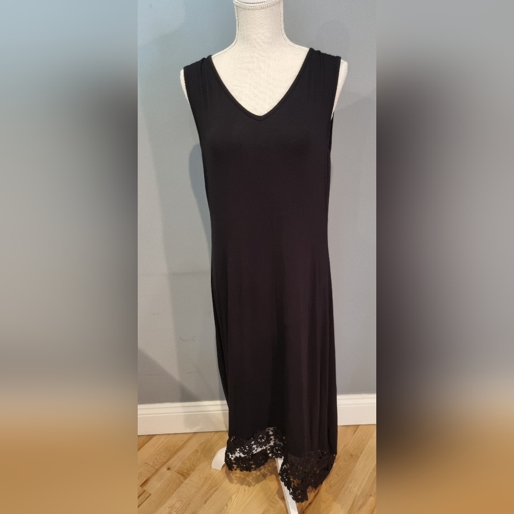 Nina Leonard Jersey Knit High Low Lace Hem Sleevless Dress Black Large